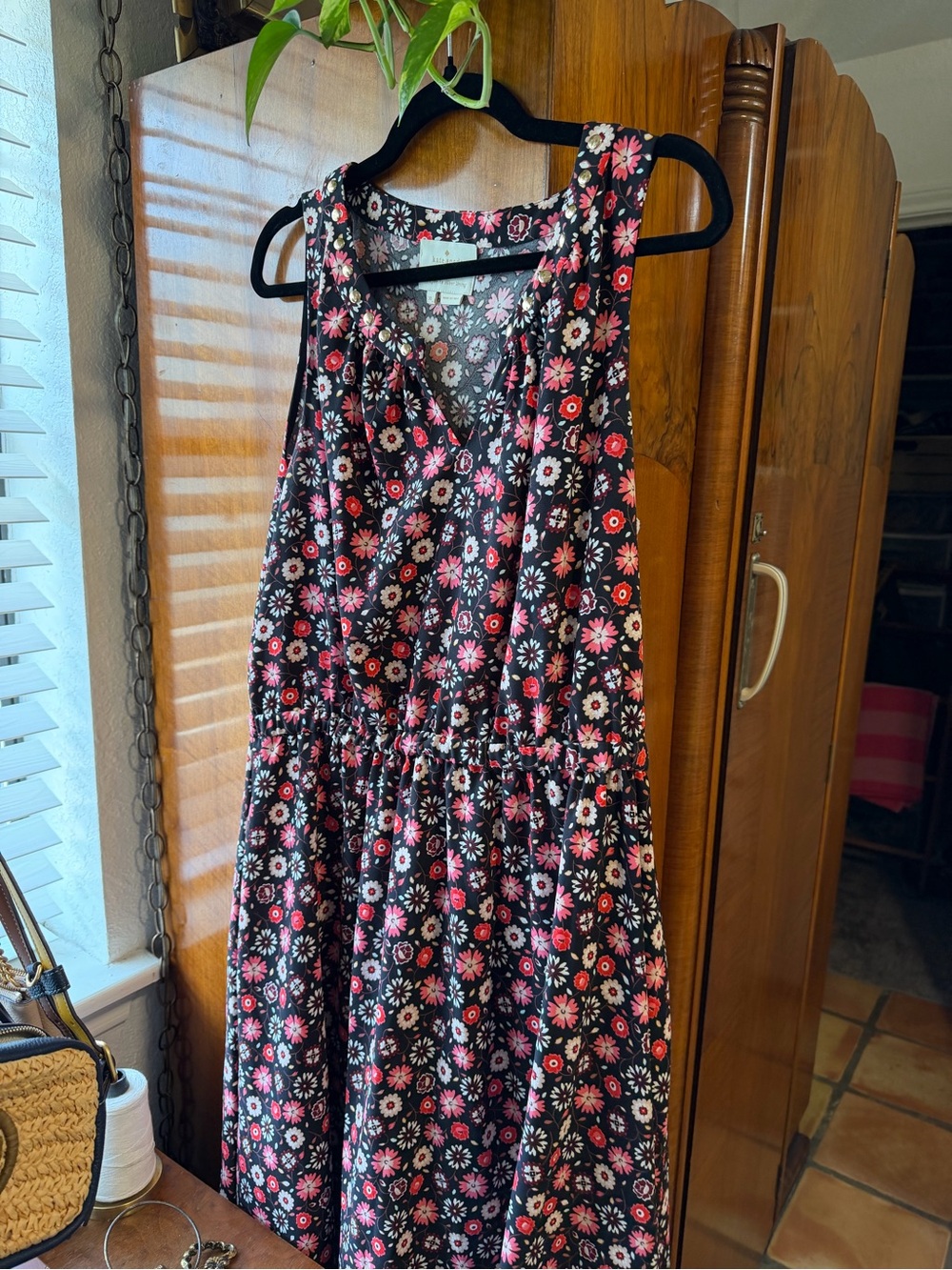 Kate Spade New York Floral Sleeveless Dress XL Gold Button Detailed